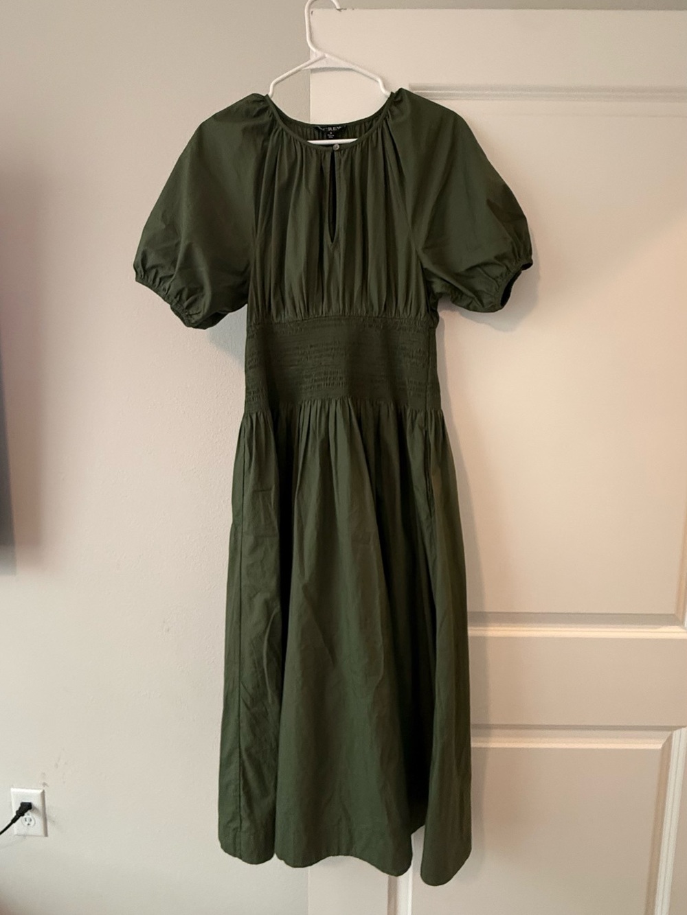 J.Crew Olive Green Smocked Waist Poplin Midi Dress Puff Sleeve🧡 - Picture 5 of 11